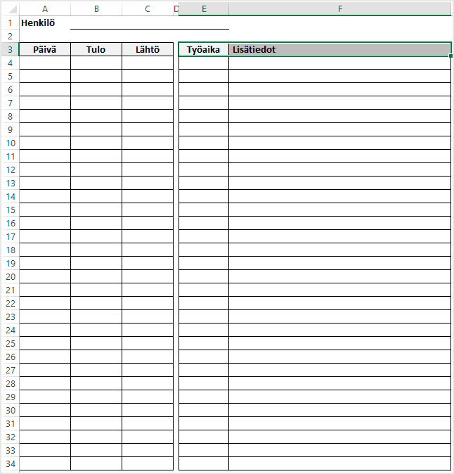 Ilmainen tuntilista Excel-pohja