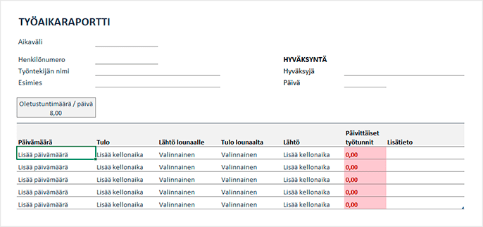 Ilmainen työajanseuranta Excel-pohja