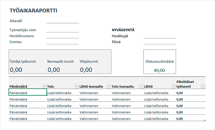 Ilmainen työajanseuranta Excel-pohja viikkoylityöt