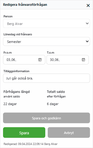 Redigera frånvaroförfrågan